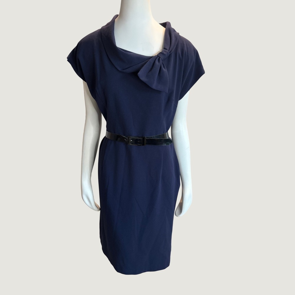 AK Anne Klein Navy Blue Cowl Neck Bow Sheath Dress with Belt Size 14